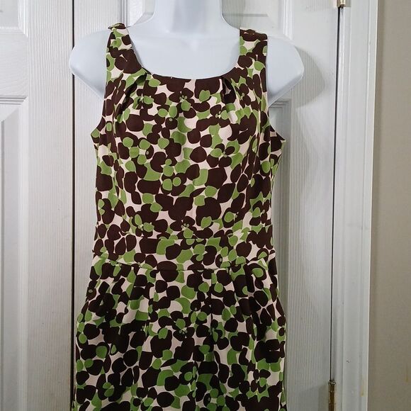 Sangria green brown  cream sleeveless pleated front dress with pockets Sz 6 EUC - Picture 3 of 7